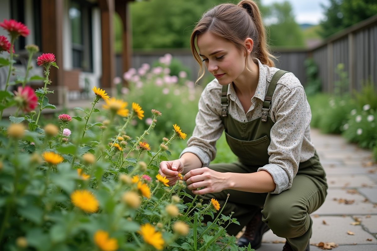 Jeune femme arrachant une plante parasitique dans un jardin