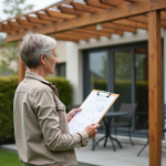 Femme étudie plans de pergola dans jardin résidentiel