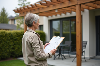 Femme étudie plans de pergola dans jardin résidentiel