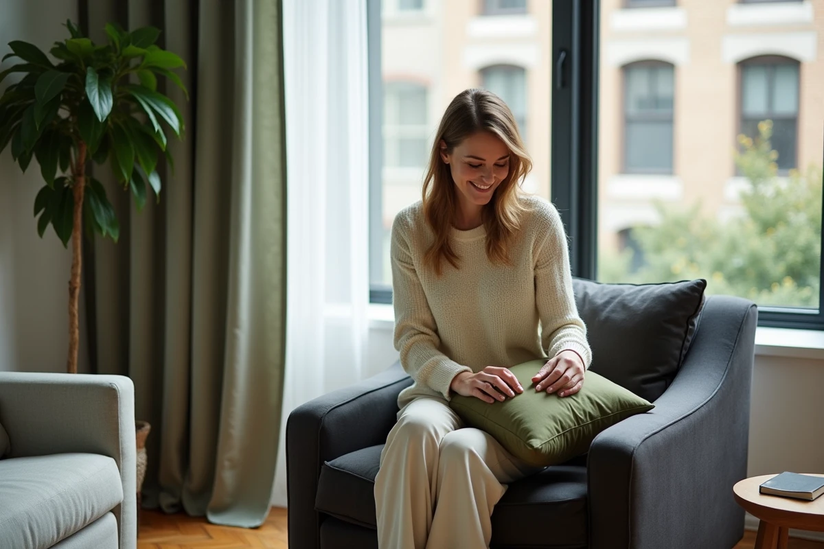 Femme harmonisant une housse extensible anthracite avec des coussins et des rideaux vert sauge dans un salon moderne