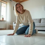 Femme souriante posant sur un sol PVC neuf dans un salon lumineux