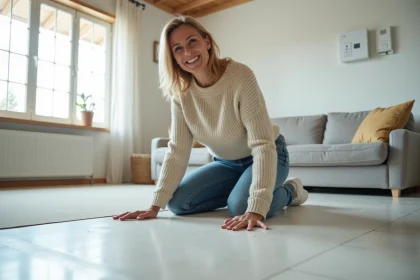 Femme souriante posant sur un sol PVC neuf dans un salon lumineux