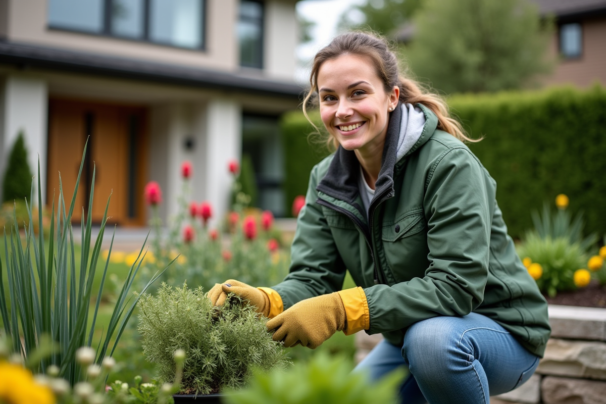 Jeune femme arrangeant des plantes dans un jardin urbain