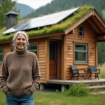 Femme souriante devant maison en bois dans la forêt
