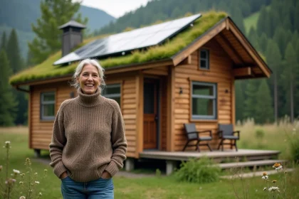 Femme souriante devant maison en bois dans la forêt