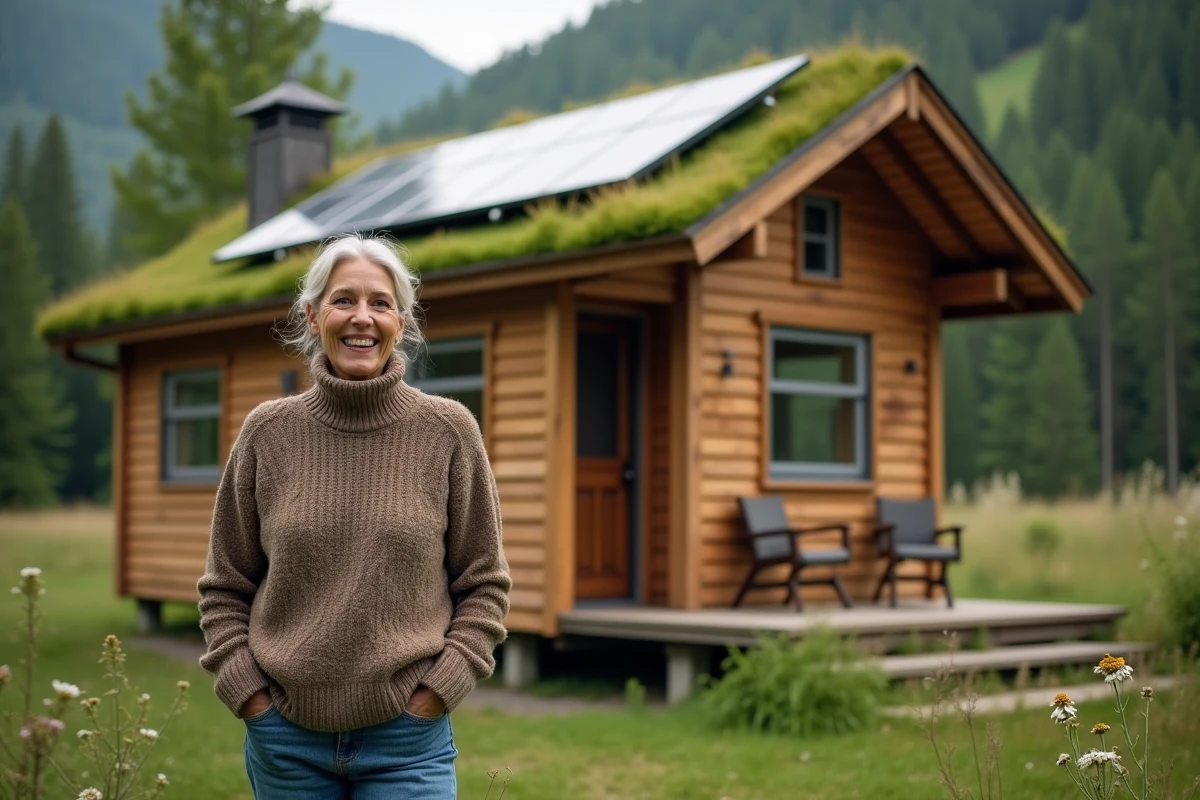 Femme souriante devant maison en bois dans la forêt