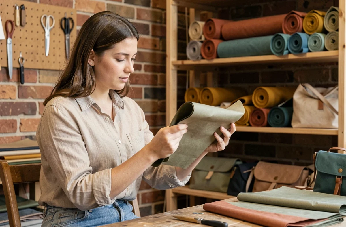 Femme examinant un tissu enduit dans une mercerie artisanale entourée de rouleaux de toile cirée colorés