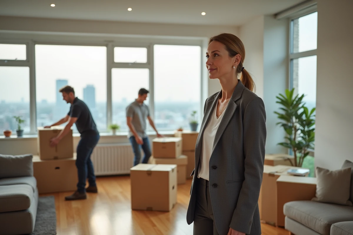 Femme regardant les déménageurs dans un appartement moderne
