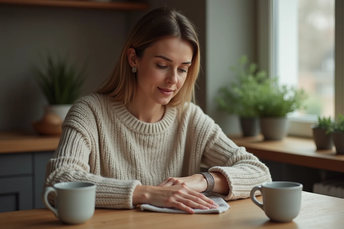 Femme polissant un bracelet en argent dans une cuisine chaleureuse