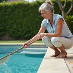 Femme d'âge moyen nettoyant la piscine avec un filet