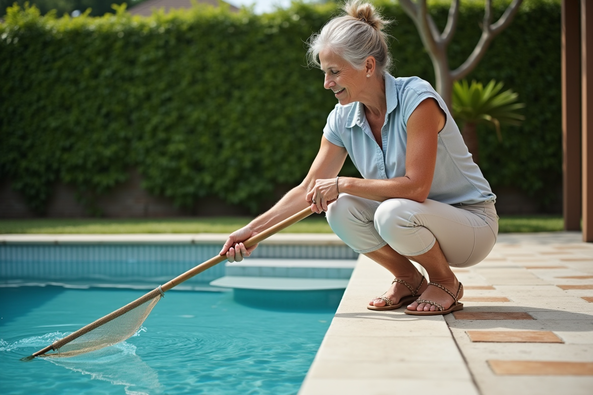 Femme d'âge moyen nettoyant la piscine avec un filet
