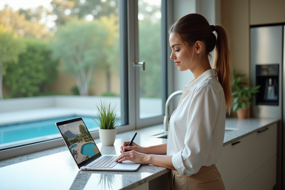 Jeune femme travaillant sur un ordinateur avec plans de piscine