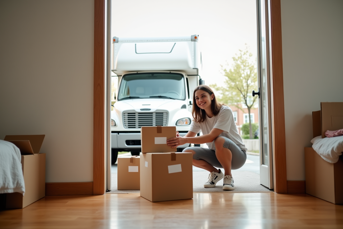 Jeune femme organisant des cartons dans un appartement lumineux