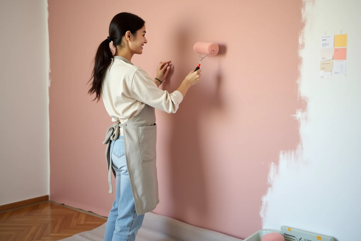 Jeune femme appliquant de la peinture rose sur le mur d'une chambre bébé en préparation avec des échantillons de couleur
