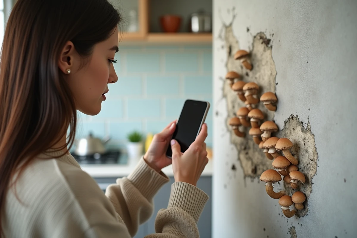 Jeune femme photographie des moisissures sur un mur endommagé