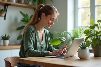 Jeune femme compare une feuille de plante avec une image sur son ordinateur