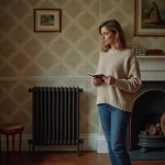 Femme examinant un radiateur en fonte dans un salon traditionnel