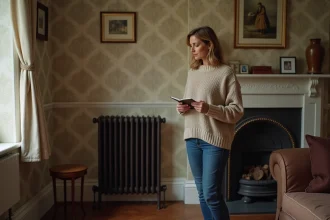 Femme examinant un radiateur en fonte dans un salon traditionnel