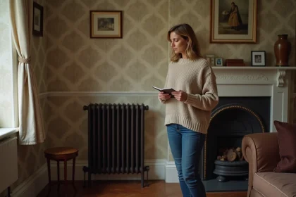Femme examinant un radiateur en fonte dans un salon traditionnel