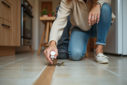 Femme appliquant un répulsif à limaces dans la cuisine moderne