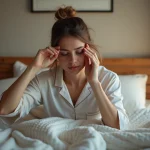 Femme en pyjama au réveil dans un lit douillet