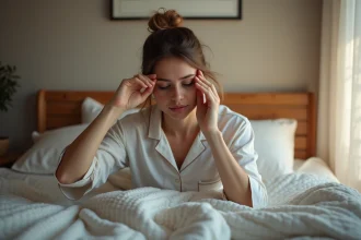 Femme en pyjama au réveil dans un lit douillet