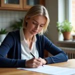 Femme signant une declaration de residence dans une cuisine chaleureuse