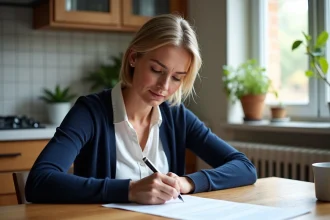 Femme signant une declaration de residence dans une cuisine chaleureuse