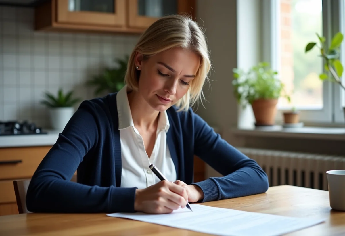 Femme signant une declaration de residence dans une cuisine chaleureuse