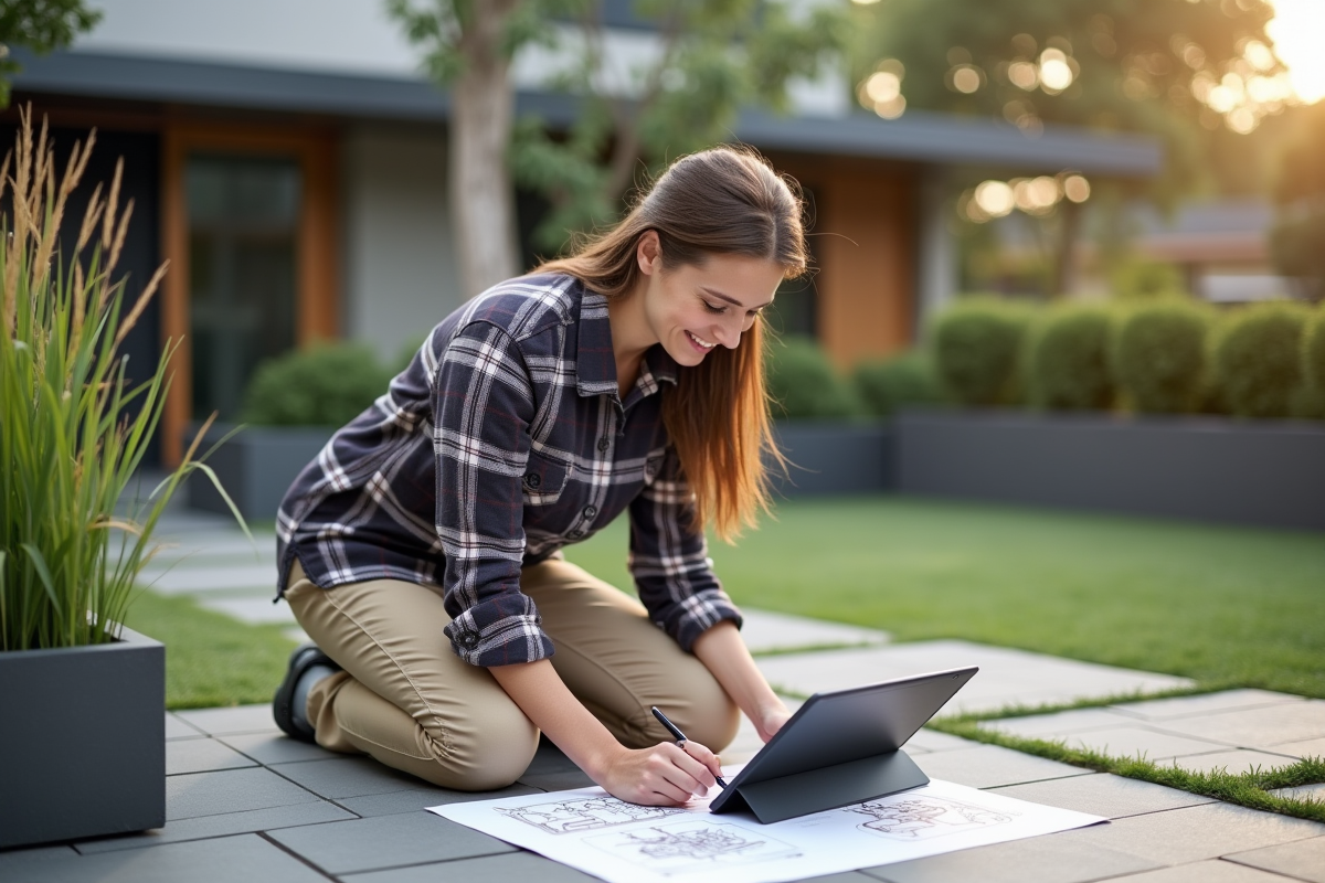 Jeune femme dessinant un projet de jardin avec une tablette