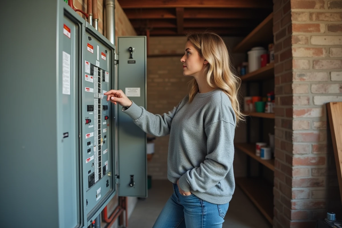 Jeune femme contrôlant un tableau électrique dans un sous-sol