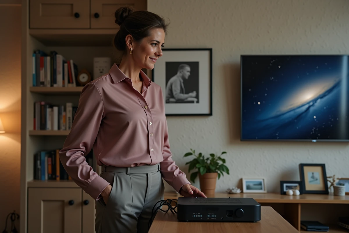Femme vérifiant un répartiteur HDMI dans un salon familial