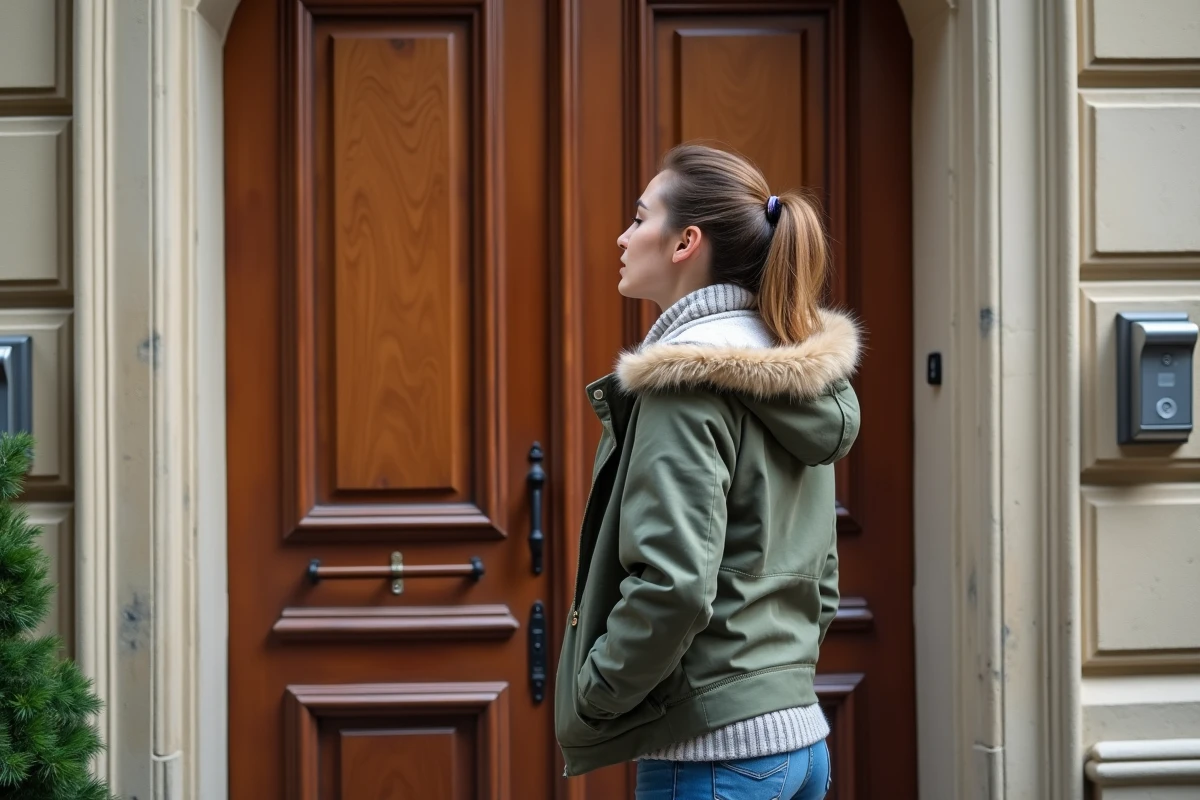 Jeune femme inspectant sa porte renforcée dans une rue parisienne