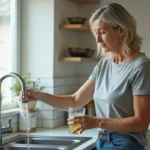 Femme examinant un verre d'eau du robinet jaune après une coupure d'eau dans une cuisine moderne
