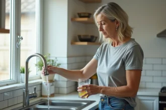 Femme examinant un verre d'eau du robinet jaune après une coupure d'eau dans une cuisine moderne