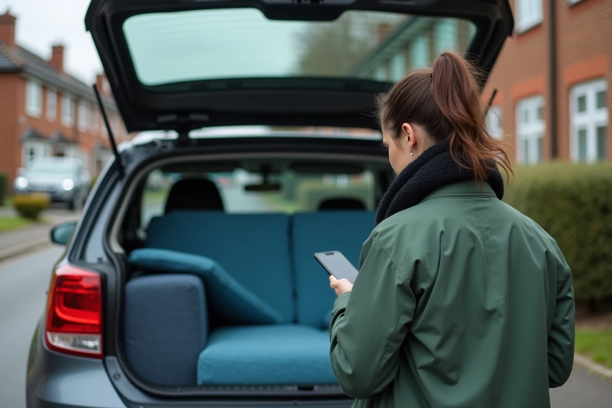 Jeune femme vérifiant son smartphone près d’un canapé dans une voiture