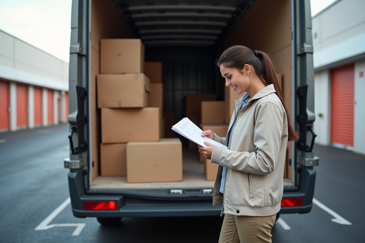 Femme vérifiant une liste devant un van de déménagement