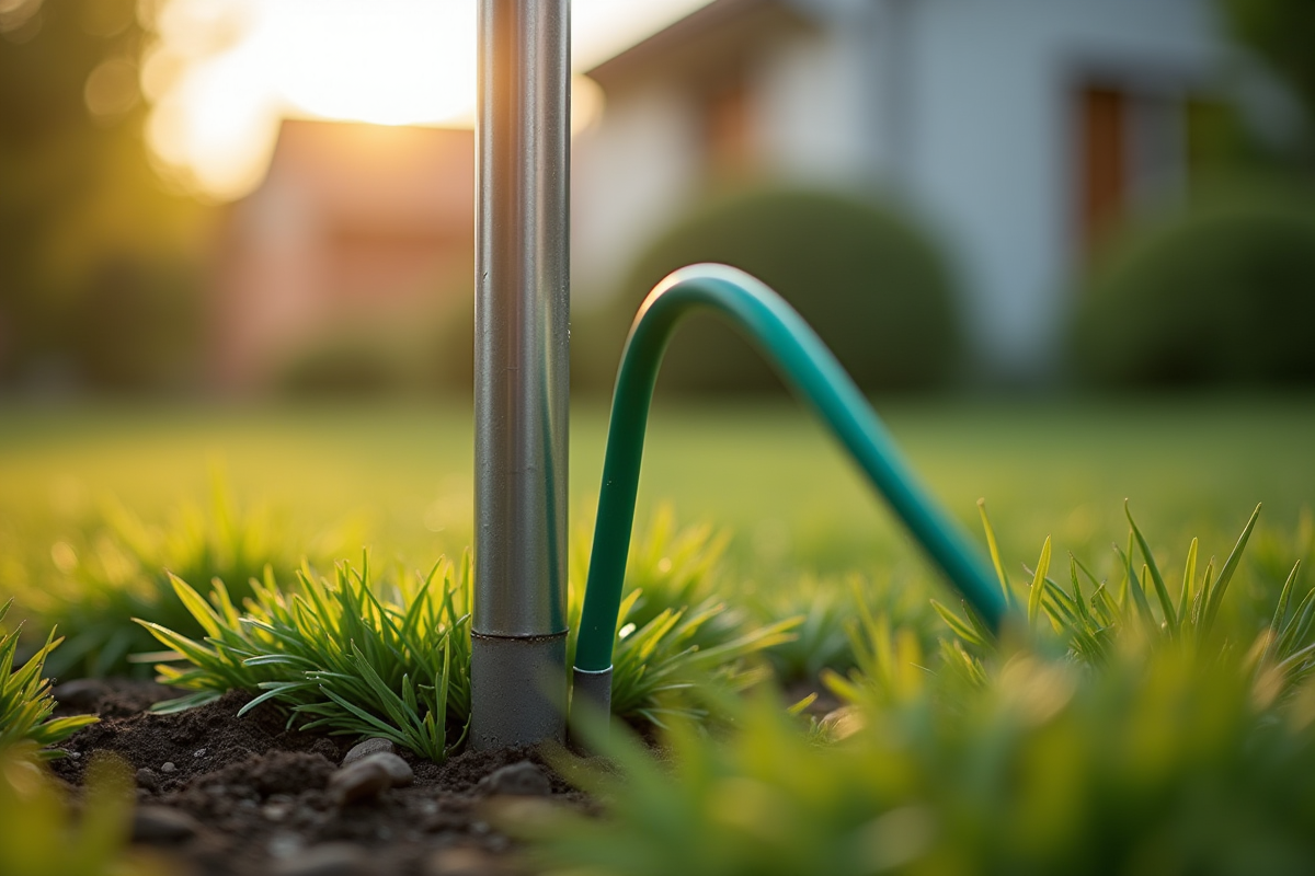 Fil de terre vert connecté à une tige de mise à la terre dans un jardin