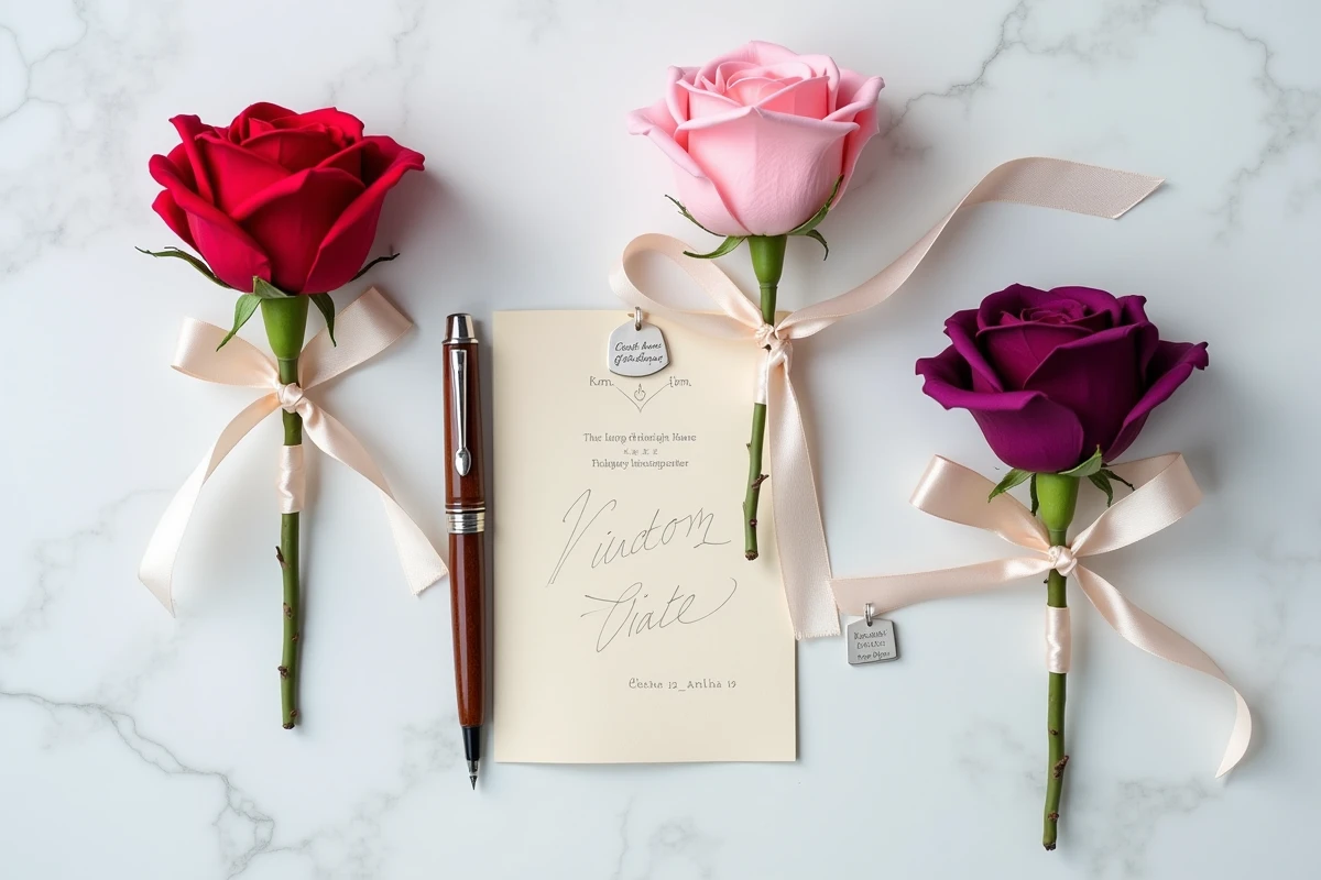Flat lay de trois roses personnalisées Belle et la Bête avec breloques gravées prénom date et message sur marbre blanc