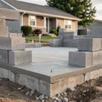 Fondations et dalle béton d'un garage en parpaing de 20m2 en cours de construction sur terrain résidentiel