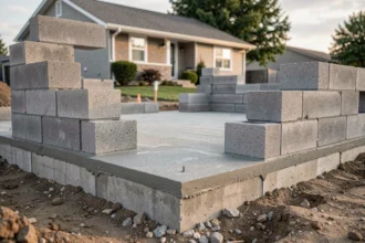 Fondations et dalle béton d'un garage en parpaing de 20m2 en cours de construction sur terrain résidentiel
