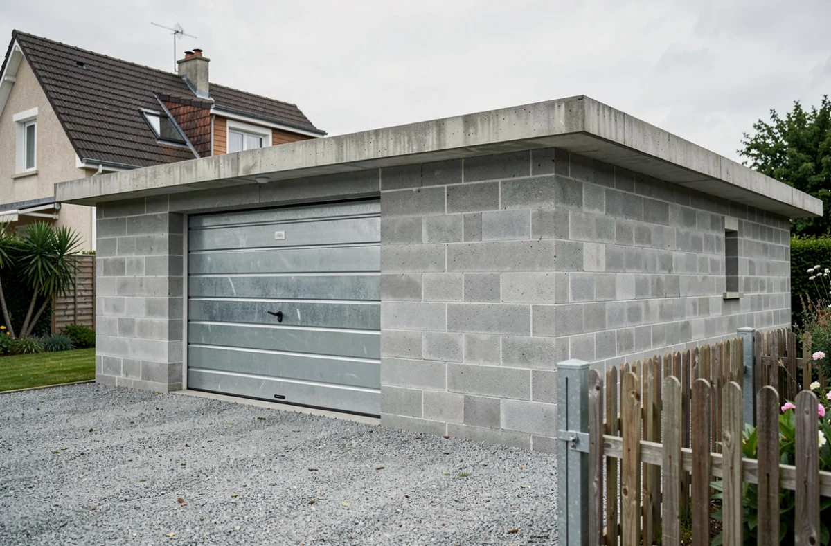 Garage terminé en parpaing de 20m2 avec porte sectionnelle et enduit ciment gris en zone pavillonnaire