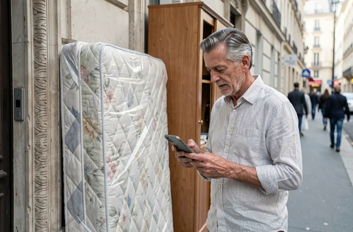 Homme consultant une application de collecte d'encombrants devant un immeuble parisien avec des meubles correctement rangés sur le trottoir