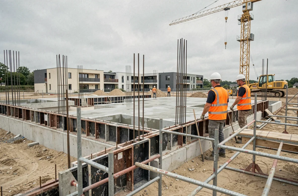 Ouvriers en train de construire un bâtiment neuf en béton à Andrézieux-Bouthéon pour Gino Construction