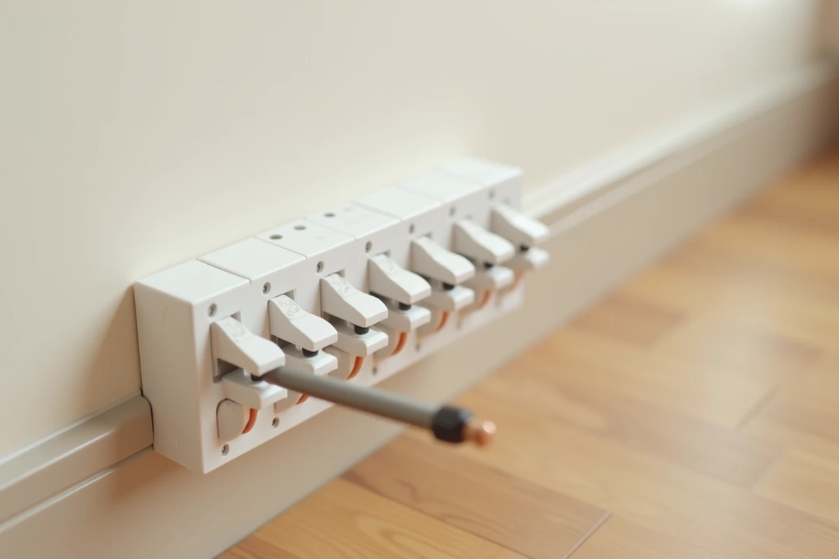 Gros plan sur une prise domino électrique encastrée dans un mur avec fils dénudés correctement insérés