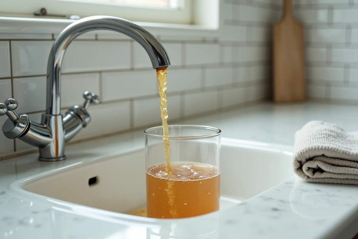 Gros plan d'un robinet qui coule de l'eau jaune dans un évier blanc avec un verre de comparaison