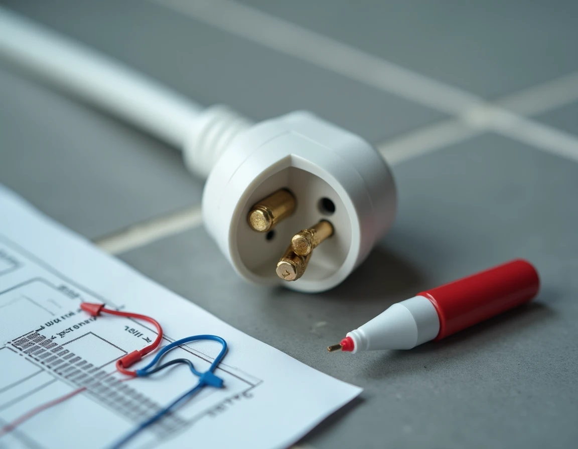 Gros plan sur une prise mâle ouverte avec câblage incorrect et schéma de branchement de référence