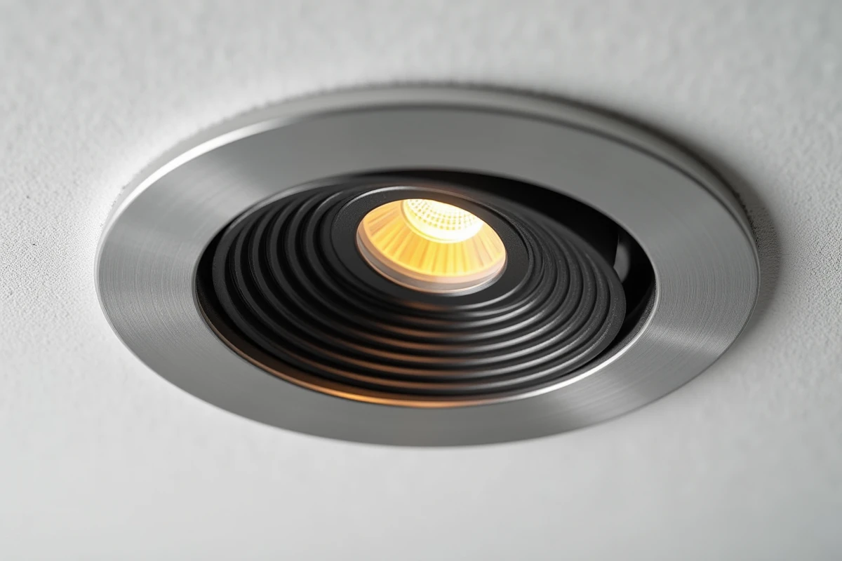 Gros plan sur un spot LED encastrable avec bague en aluminium brossé et déflecteur anti-éblouissement intégré