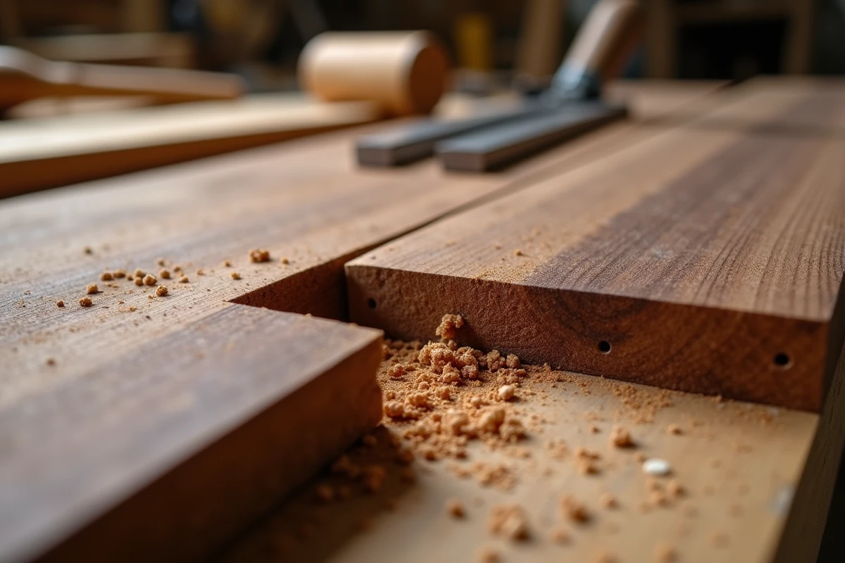 Gros plan sur un assemblage tenon et mortaise en bois de noyer massif avec colle à bois visible sur les surfaces de contact