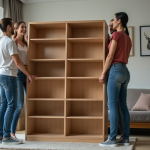 Groupe de quatre adultes soulevant une étagère en bois dans un appartement